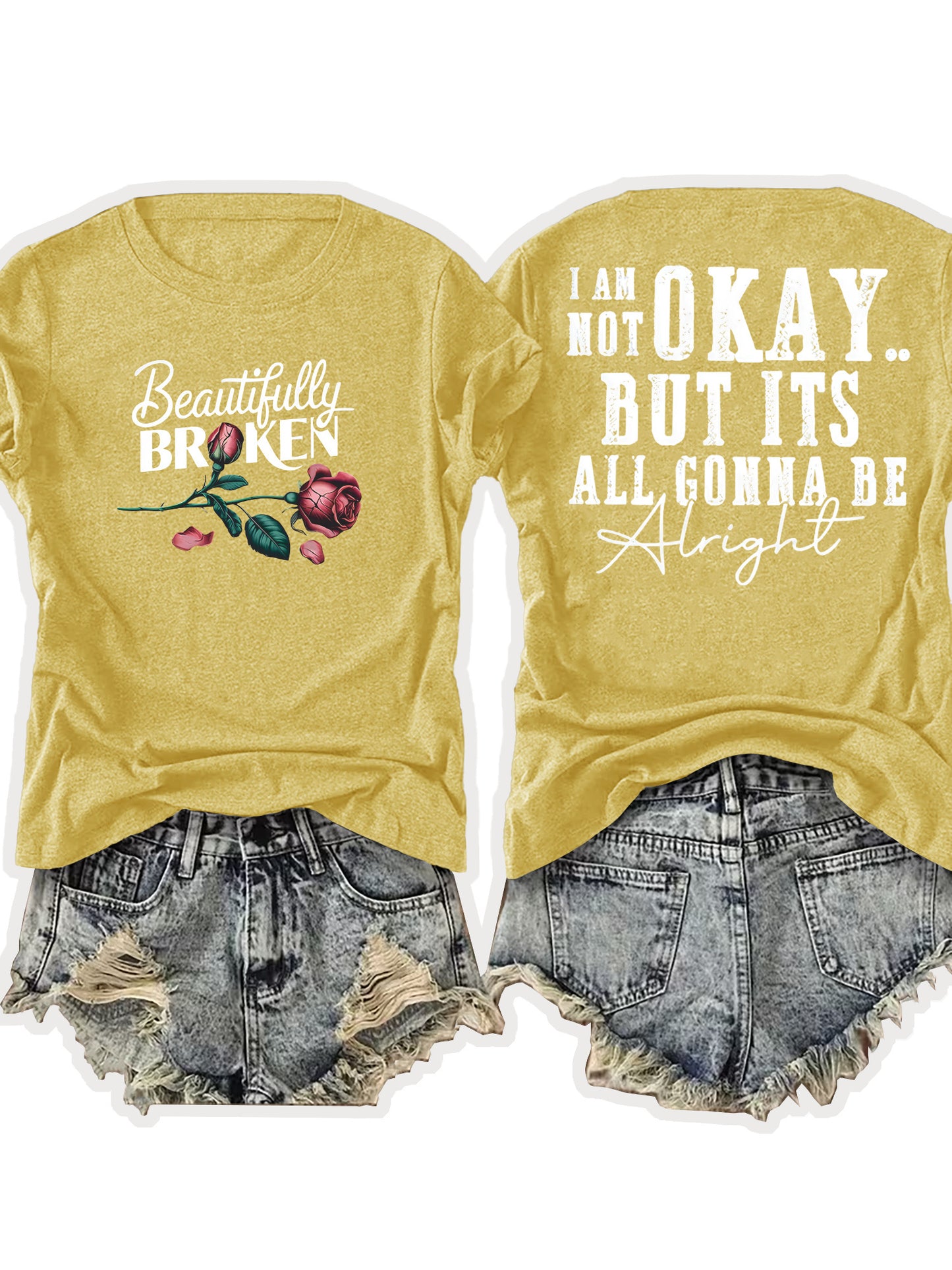 Ladies' European-Style Round Neck Short Sleeve T-Shirt for Summer, Lightweight and Breathable, Front and Back with Stylish Floral Prints and 'Beautifully Broken' Text, Perfect Comfort Fit for Daily Wear, A Versatile and Chic Choice for Laid-Back