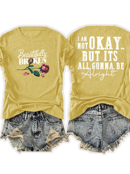 Ladies' European-Style Round Neck Short Sleeve T-Shirt for Summer, Lightweight and Breathable, Front and Back with Stylish Floral Prints and 'Beautifully Broken' Text, Perfect Comfort Fit for Daily Wear, A Versatile and Chic Choice for Laid-Back