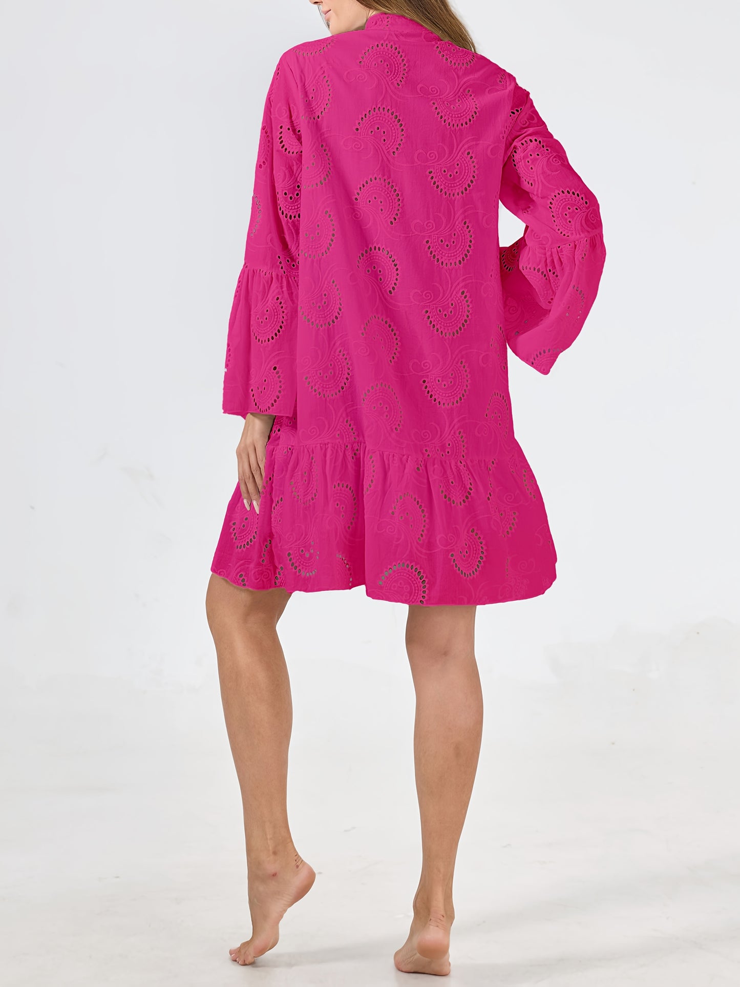 Elegant Mint Green V-Neck Shirt Dress with Bell Sleeves and Lace Cut-Out Detail - Chic Long Casual Dress for Women, Ideal for Home Gatherings and Parties, Casual Party Dress|Bell Sleeve Dress|Machine Washable Dress, Cute Dresses