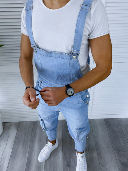 Men's Casual Denim Jumpsuit with Multiple Pockets - Light Blue, Stretchy, All-Season, Raw Wash, Skinny Fit, Perfect for Everyday Comfort, Everyday Comfort Clothing | Casual Jumpsuit | Stretchy Fabric, Denim Jumpsuit