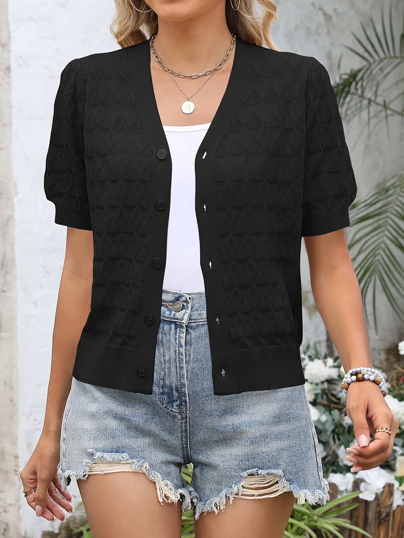 Lightweight Crocheted Short Cardigan for Women Featuring Puff Sleeves; a Breathable, Comfy, And Versatile Top Ideal for Spring And Summer