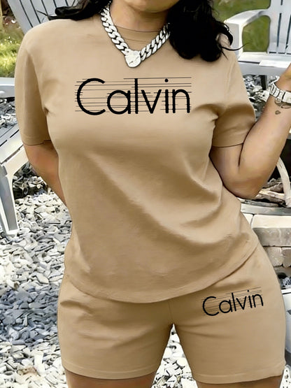 2pcsCalvin, CalvinWomen's Summer Fashion Versatile Cool Print Round Neck Short Sleeve Short Pants with Pockets Casual Set