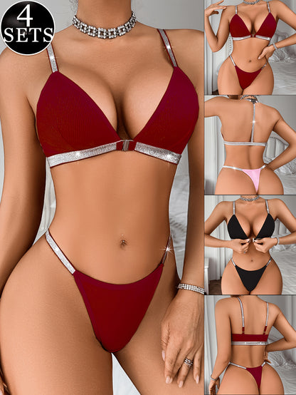 2026 4 Sets Of Women's Sexy Bra Set, Gathered Breathable Front Buckle Bra & Low Waist Thong, Shiny Silvery Ribbon, Love Button, Solid Color Comfortable And Soft Fabrics, Romantic Party Fashion Wearing Game Day Outfit for Soccer Fans and All Fans