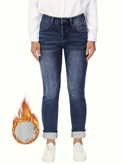 1pc Women's Thermal Insulated Fleece-Lined Skinny Jeans - High-Stretch Winter Pants with Fleece Lining, Heavy-Duty Stitching & Washed Blue Texture, Straight Leg Fit for Office, Streetwear & Weather (Hand Washable)