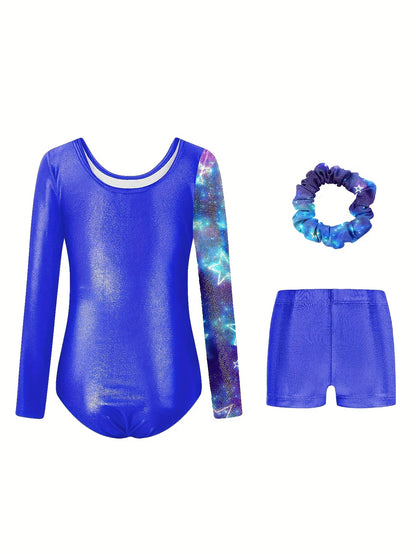 Girls' 3pcs Gymnastics Leotard Set with Stars Pattern, Long Sleeve Bodysuit & Matching Shorts - Includes Hairband, Stretchy & Breathable Fabric for Dance Training, Perfect for Outdoor, All Seasons, Gift for Back-to-School Season, Beach Essentials