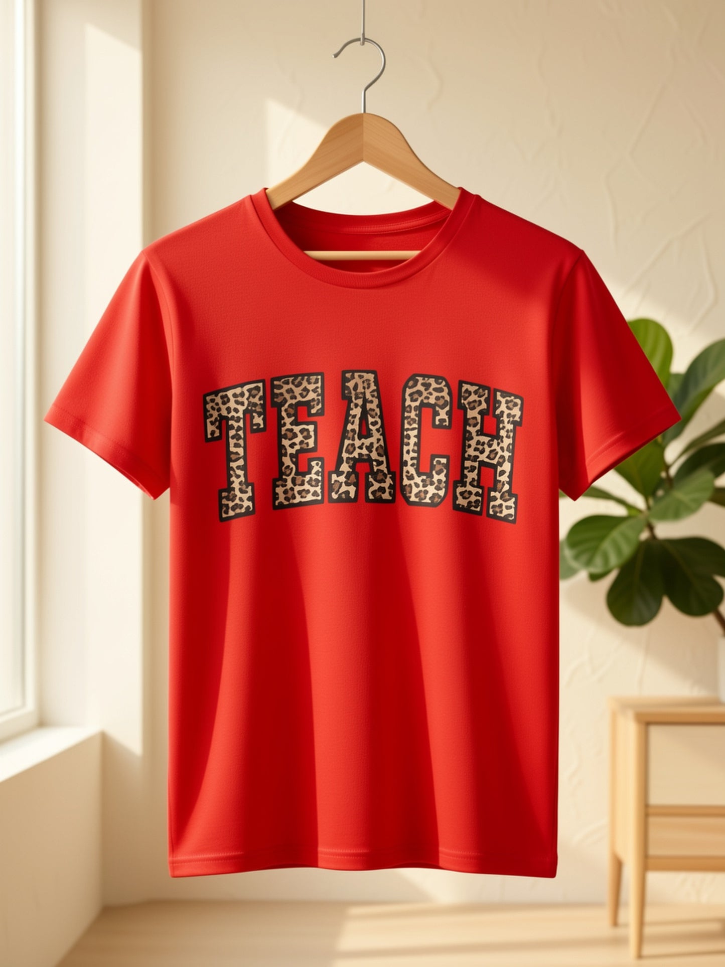 Women's Leopard Print Teacher T-Shirt- Comfortable Round Neck Short Sleeve with LEOPARD SPOT TEACH Design and Team Letters- 180g Heavyweight Casual Top Suitable for Educators,