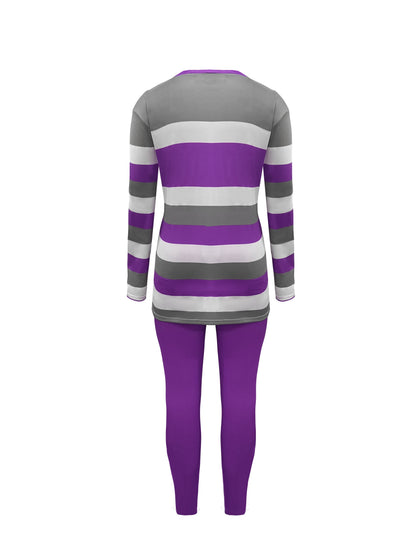 Plus Size Color Block Two-piece Set, Casual Crew Neck Long Sleeve Top & Pants Outfits, Women's Plus Size Clothing