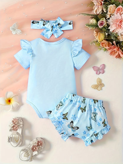 Baby Girl Cute Butterfly Patterned Round Neck Jumpsuit, Casual Bow Printed Shorts And Headband Three-Piece Set, for Outdoor