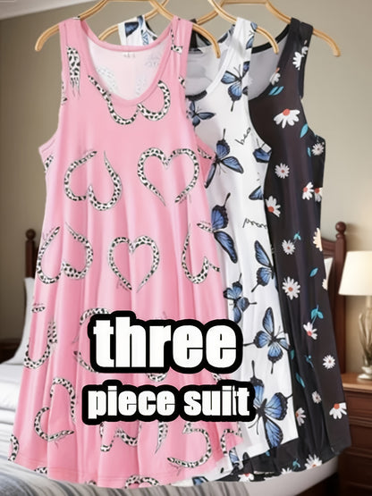 3pcs Plus-Size Pajama Dress - Nightgown & Sleepwear with Sleeveless Vest Dress, Loose-Fit All-Season Machine Washable Nightgown, & Outdoor Wear, 3pcs for Value (Plus Size Friendly)