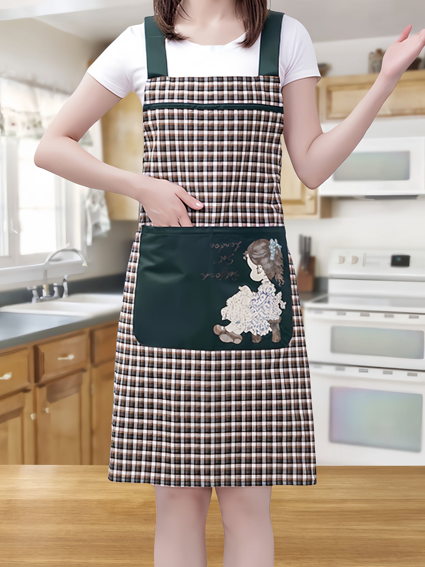 Stylish Unisex Plaid & Floral Portrait Print Apron - Red & Black Mix, Machine Washable with Front Pockets, Sleeveless Design for Kitchen, Home, or Flower Shop Use, Cute Apron, Kitchen Wear, Elegant Kitchenwear, Practical Kitchen Item