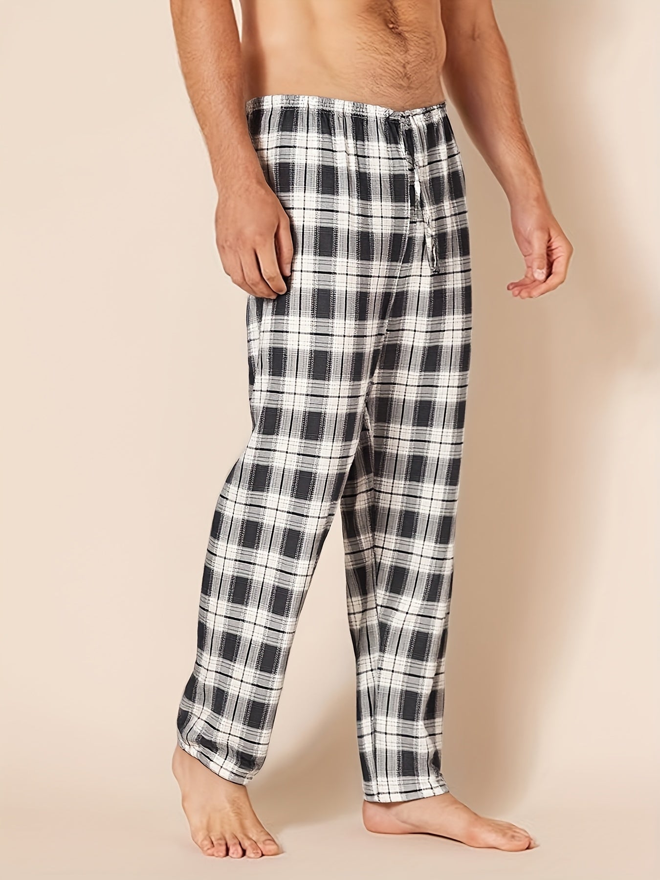 4 Men'S Sleep Pants, Soft New Men'S Four-season Pajama Trousers With A Plaid Pattern, Comfortable Spring And Summer Sleep Pants With Elastic Waist, One Side Pocket, With Belt, Loose And Suitable For Wearing Outside, Casual Home Trousers