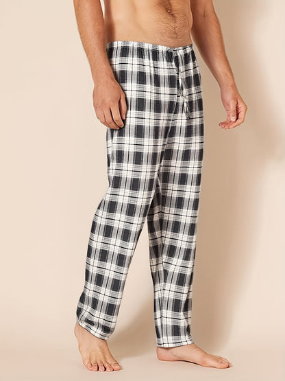 4 Men'S Sleep Pants, Soft New Men'S Four-season Pajama Trousers With A Plaid Pattern, Comfortable Spring And Summer Sleep Pants With Elastic Waist, One Side Pocket, With Belt, Loose And Suitable For Wearing Outside, Casual Home Trousers