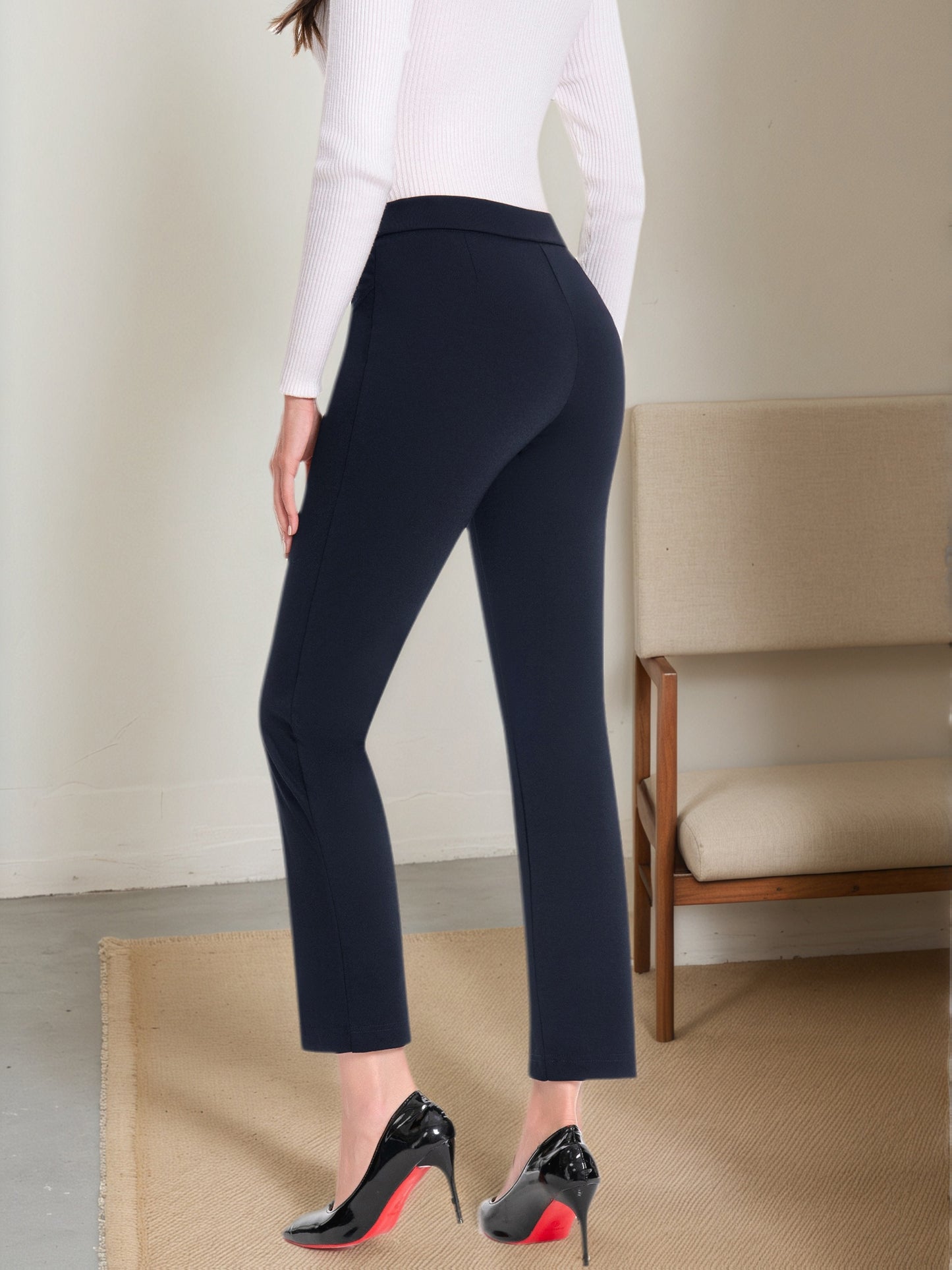 Women's High-Waist Skinny Pants - Stretch Pull-On Work Trousers with Elastic Waistband, Slim Straight Leg Dress Pants for Office, Business Casual & Year-Round Wear, Solid Color (Machine Washable) - Not Included