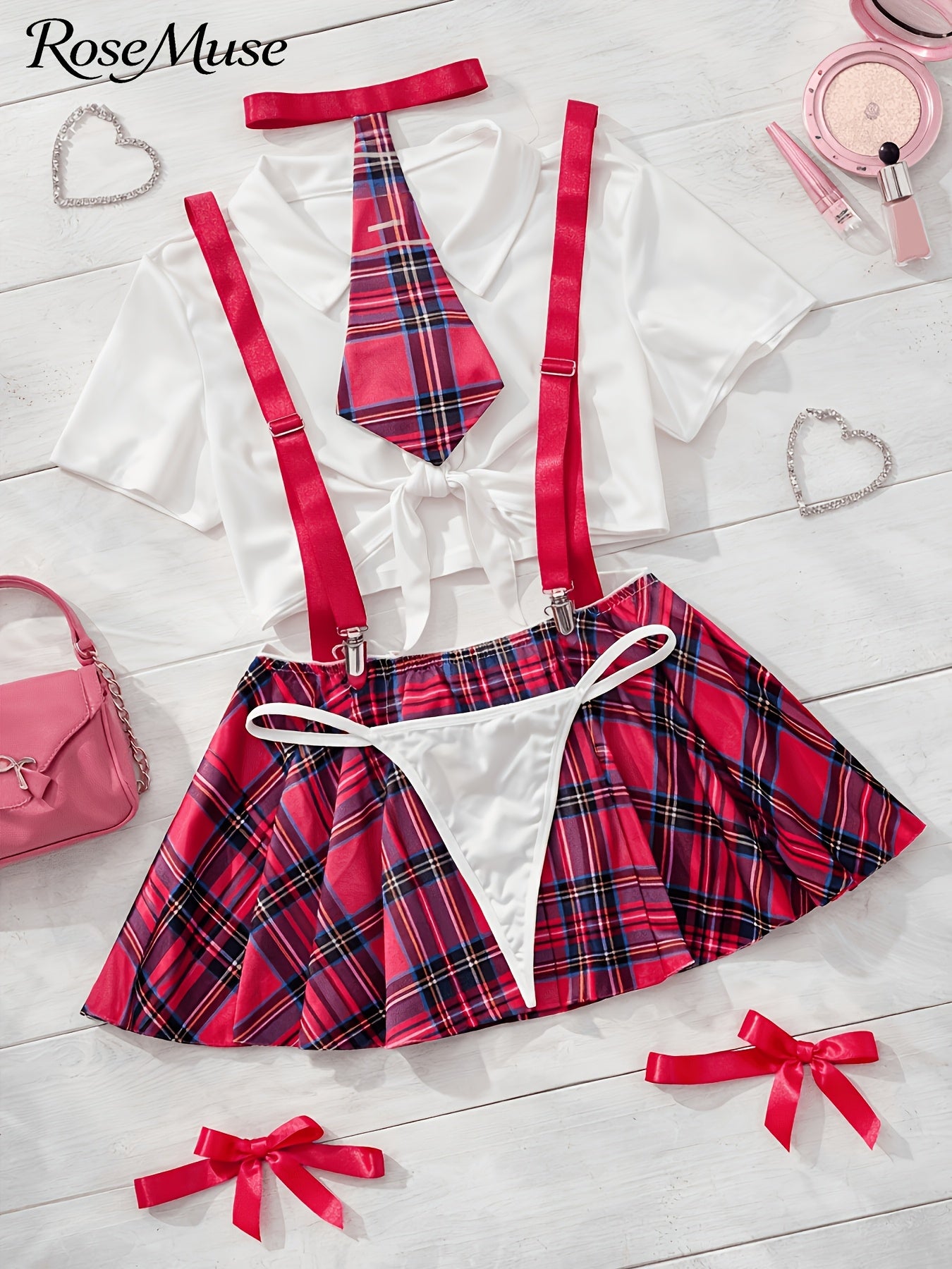 New European And American Style Plus-Size Women'S Cosplay Uniform Set: Plaid Suspender Mini Skirt, Top, Panties, Bow Tie, And Bow Leg Cuffs - 8pcs Set, Laid Skirt Sleeves Uniform Lingerie Set