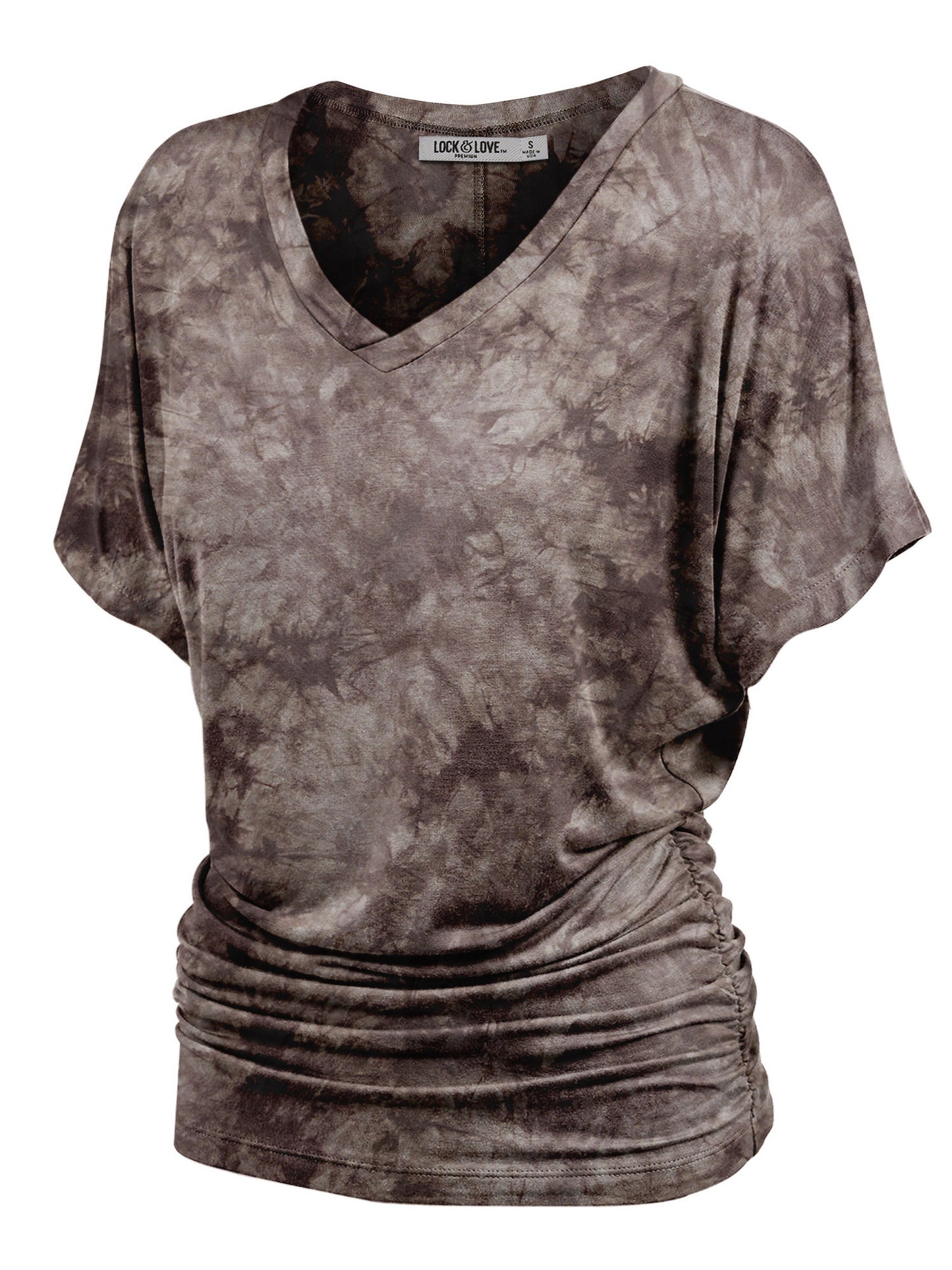 Women's Short Sleeve V Neck Tie-Dye Dolman Top w/Side Shirring