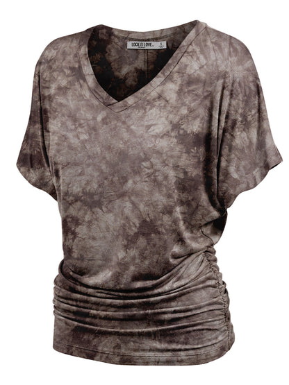 Women's Short Sleeve V Neck Tie-Dye Dolman Top w/Side Shirring