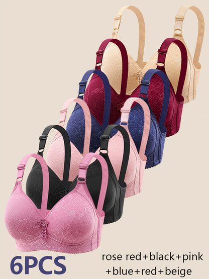 6pcs Lace Floral Design Women's Gathering Bra Breathable Solid Color Seamless Sports Bras