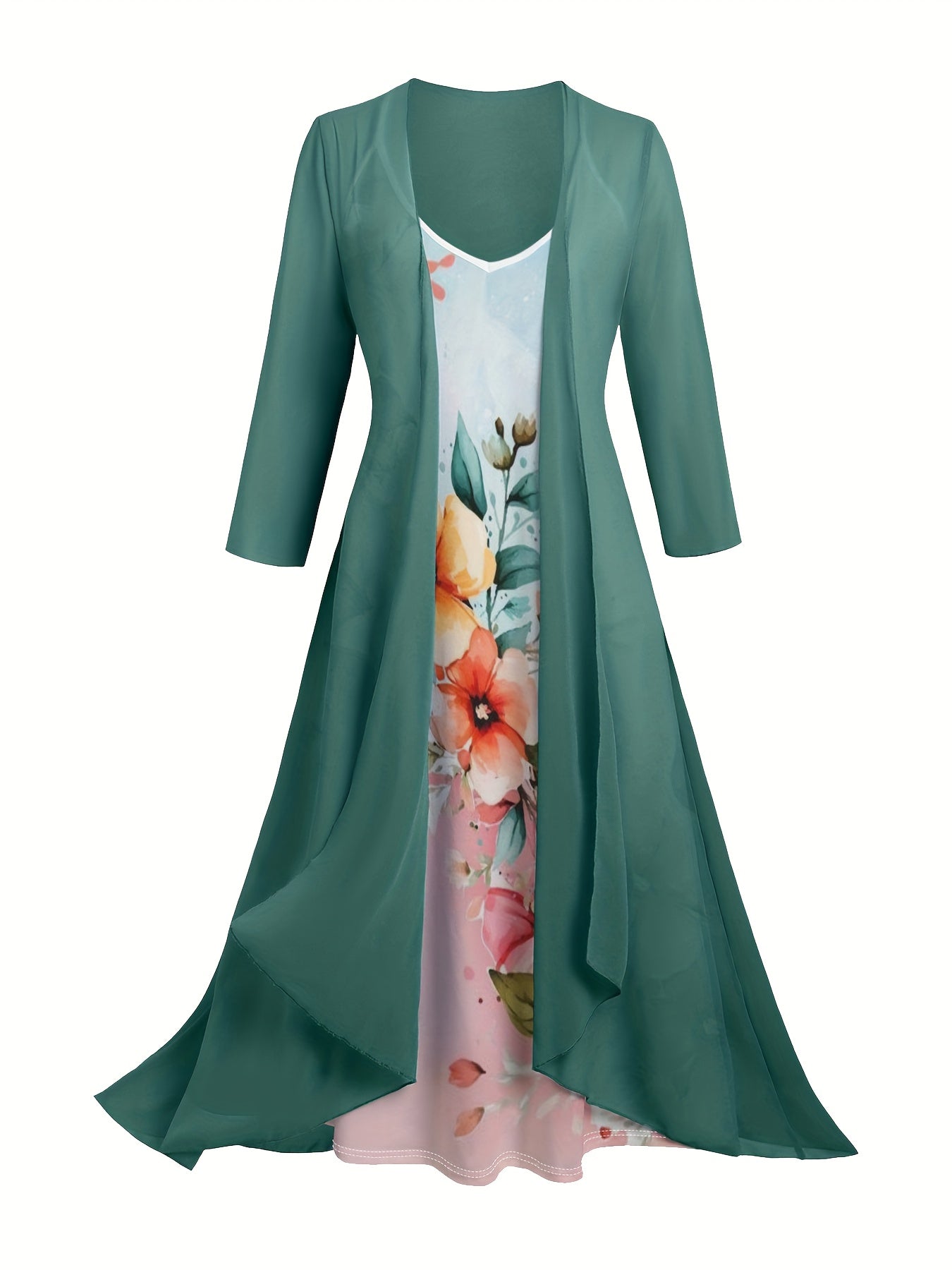 Plus Size - Women'S Plus Size Floral Print V-Neck Dress with Light Pink Chiffon Overlay - Sleeveless, Flowy Maxi Dress for Spring/Summer, Vacation Style, Vacation Attire | Floral Print Dress | Chiffon Overlay