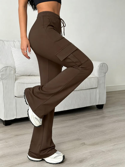 Women'S Solid Color Casual Drawstring Wide-Leg Sweatpants With Pockets, Elastic Waist Micro Flare Cargo Pants, Stretchy Pants For Daily Casual & Wear