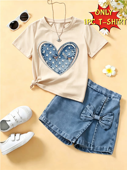 [Girls' Heart Print T-Shirt] Single-Pc T-Shirt (One T-Shirt Solely) - Girls' Short-Sleeve T-Shirt With Heart Print. This Single-Piece T-Shirt Is Suitable For Spring And Summer Vacations, Beach Parties, Birthday Celebrations, School Outings