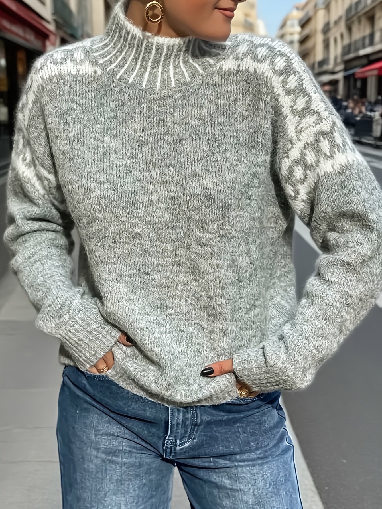 Nordic Snowflake High Neck Sweater, Gray Embossed Knitwear · Lazy Style Loose Fitting Design for a Slender Look Winter Layering Versatile Piece Gentle Feel Warm Comfortable Soft Texture