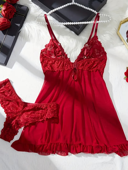 Big Size Sultry Valentine Lace Sleepwear Dress Set - Exquisite Lace, Flattering V-Neckline, Daring Backless Design, Delicate Ruffle Trim, Trendy Split Hem, Seductive Thong Detail, Ultra-Comfortable Fabric, Perfect for Romantic Night, Anniversary Gift