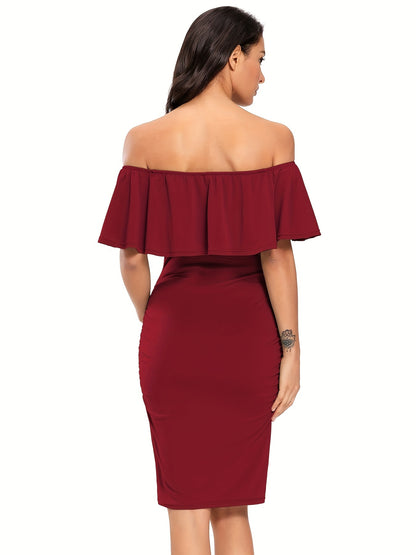 Women's Maternity Dress Off Shoulder Ruffle Sleeveless Bodycon Dress for Baby Shower