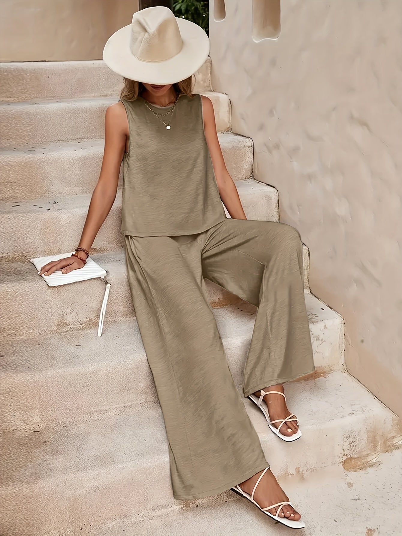 Popular! Women's Sleeveless Crop Top And Wide-Leg Pants Set, Breathable Fabric, Versatile for Vacation And Daily Outfit, Casual Summer Outfit