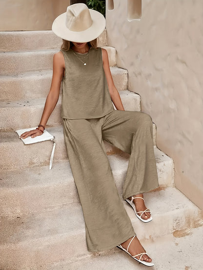 Popular! Women's Sleeveless Crop Top And Wide-Leg Pants Set, Breathable Fabric, Versatile for Vacation And Daily Outfit, Casual Summer Outfit