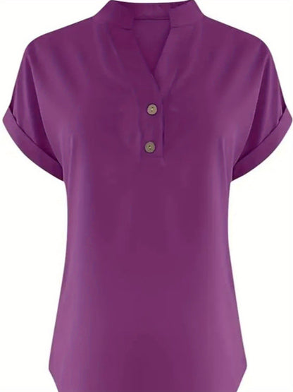 ZOELNIC Women's V-Neck Button-Front Placket T-Shirts - Short Sleeve Casual Summer Tops, Breathable Daily Wear Shirts Suitable for Spring/Summer, Solid Color Casual Wear, Machine Washable (No)