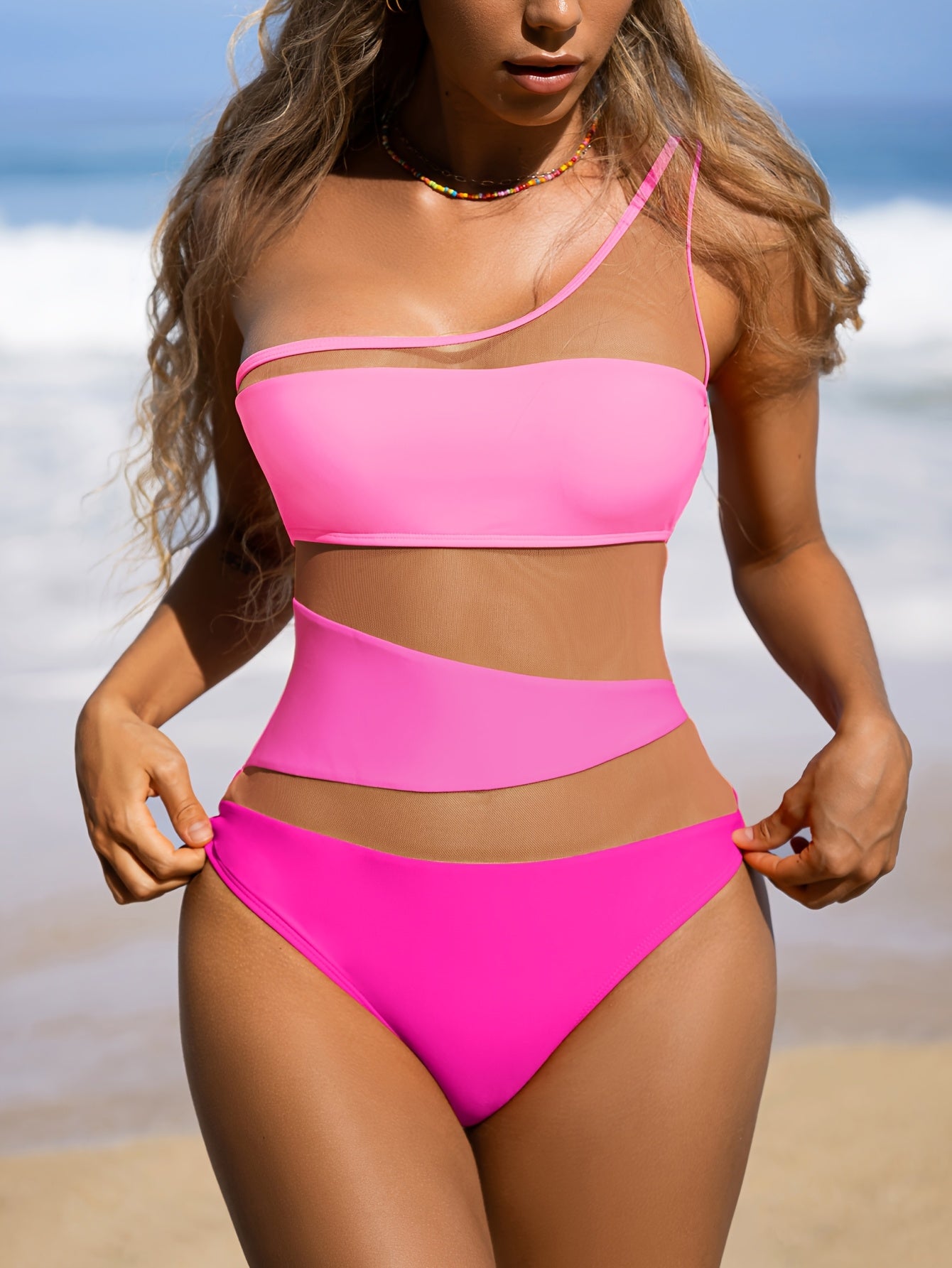 Mesh Splice One-Shoulder Color-Blocking One-Piece Swimsuit, Women'S Summer Beach Vacation Bikini