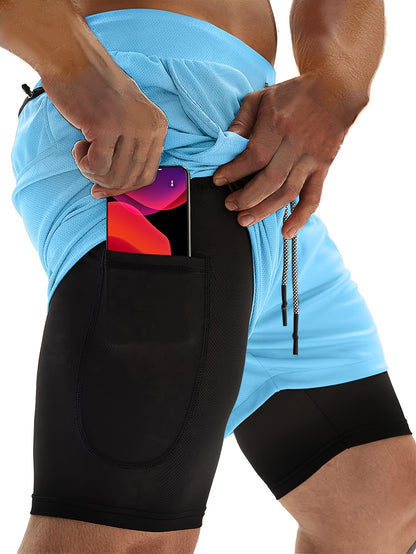 3pcs Men's 2-in-1 Double-layer Shorts with Inner Pocket, High Stretch Sports Shorts, Suitable for Summer Running, Gym Exercise And Training