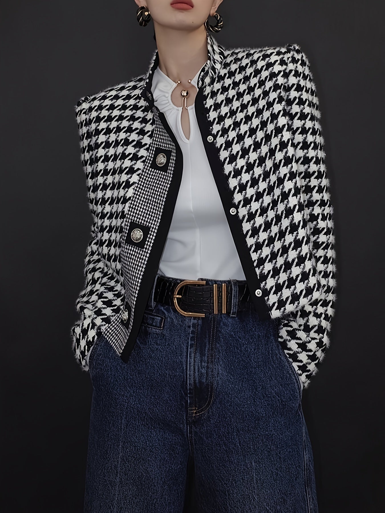 Women's Houndstooth Outerwears & Jacket Stand Collar Long Sleeves Autumn Winter Fall Clothes 2024 Women Classics Coat