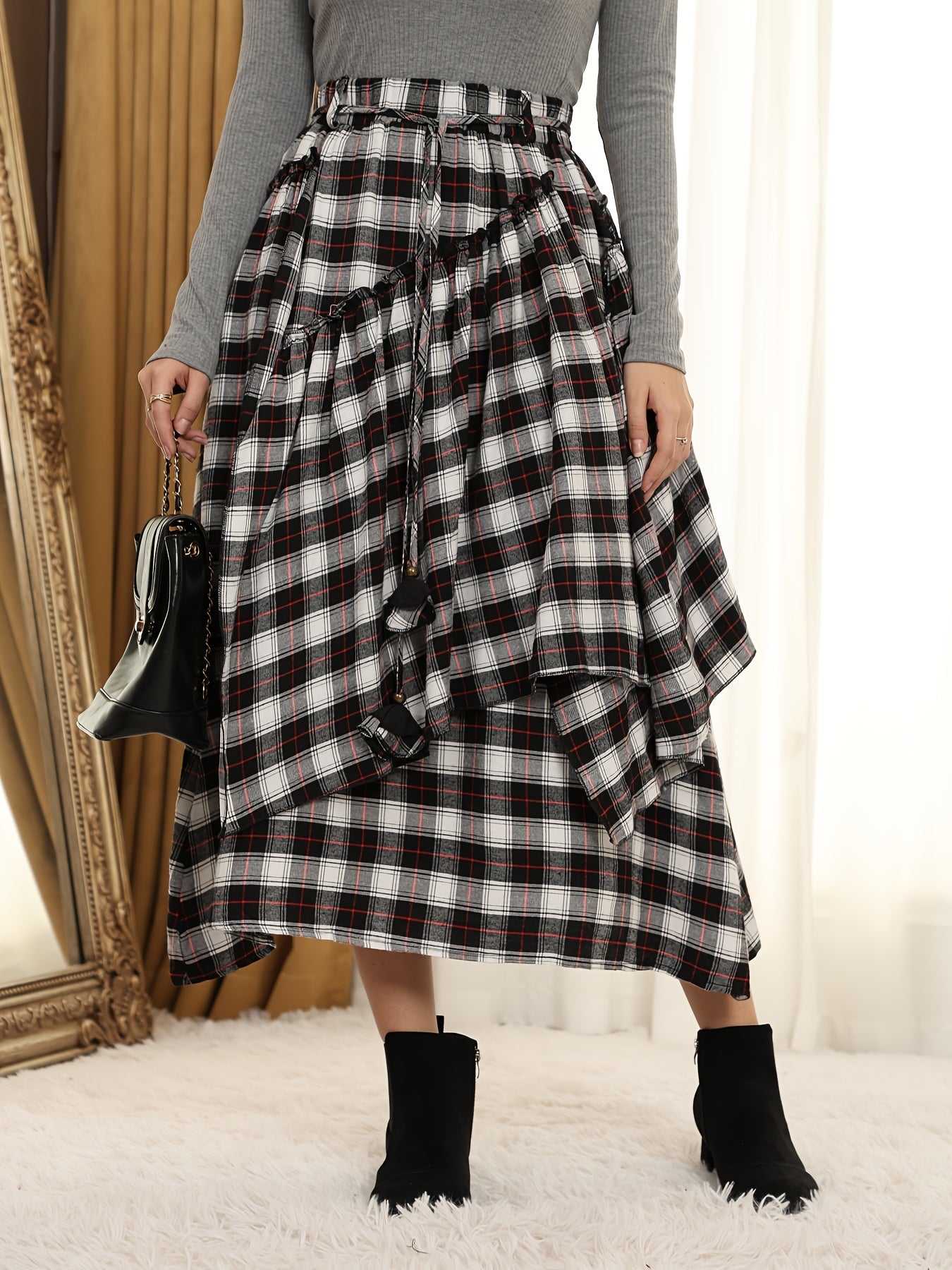 Victorian Gothic Handmade Fringe Plaid Skirt 2025 | Asymmetric Ruffle High-Waist Beach Skirt | Elastic Waist Multi-Layer Vacation Dress | Spring Summer Sweet Style Ladies Gift