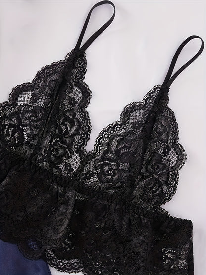 Women's Satin Fabric Pajama Set, Floral Lace Camisole Sleepwear and Robe 4pcs Set, Sexy Plus Size Nightwear with Pants and Belt, Loungewear