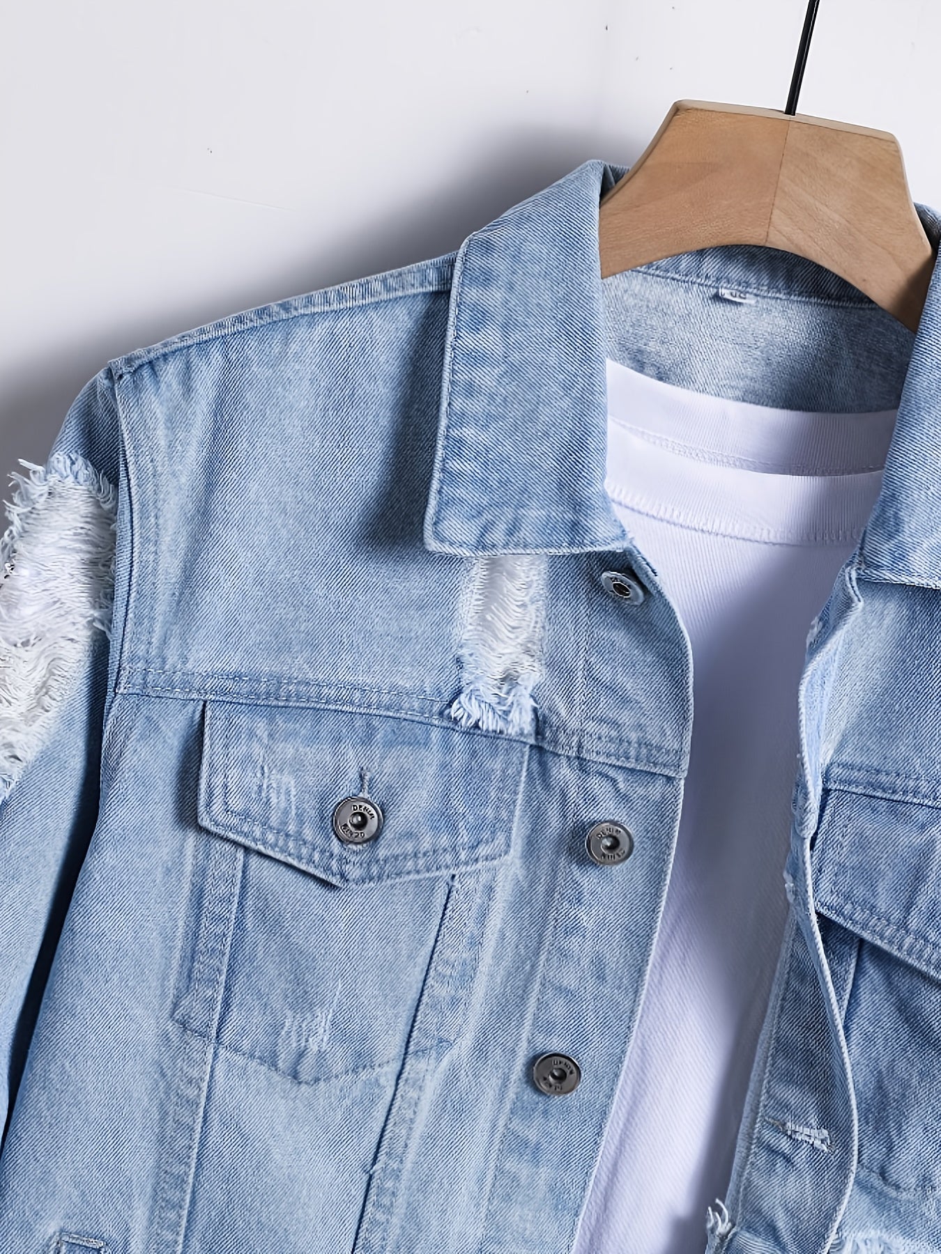 Minimalist Casual Men'S Denim Jacket, Heavy-duty Washed Irregular Perforated Style, Loose Fit For More Comfortable Wearing, Lapel Design, Single-row Button Closure With Open Front, Fashionable And Trendy Men'S Denim Jacket