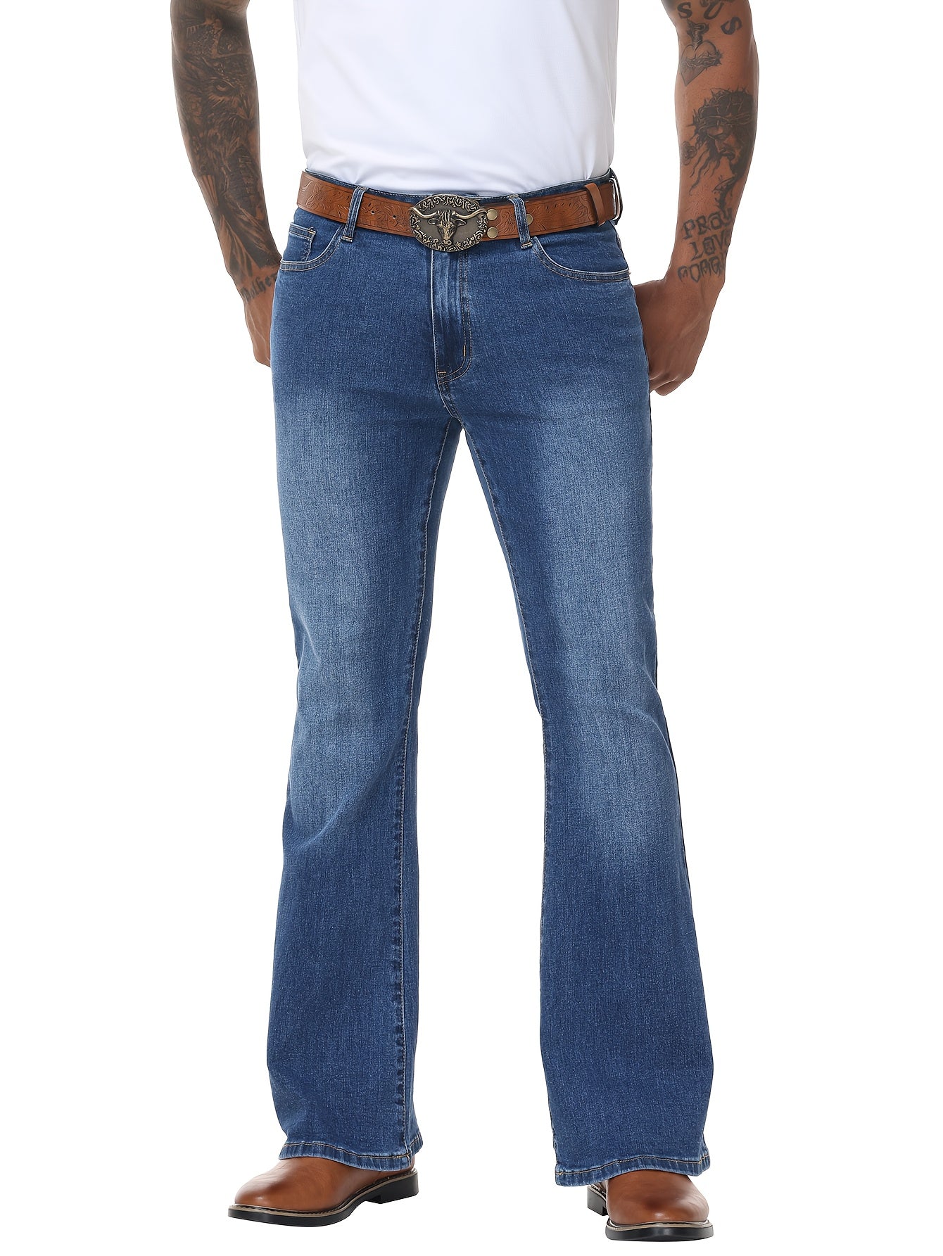 Men's Vintage 70s Retro Bell Bottom Jeans - Wide- Flare Pants with Mid-Stretch Blend, Beltless Suitable for Disco Parties, Night Out & Casual Attire, Machine Washable Mid-Rise Bottoms