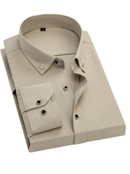 Father'S Day Gift Choice, Men'S Long Sleeve Button Shirt, Crystal Button Design, Solid Color Plain Formal Business Attire, Great As Gift for Party, Wedding, Date Dress Shirt