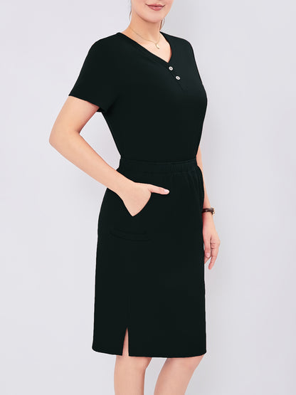 Women's V-Neck Button-Up Scrub Set, Fashionable Short Sleeve Beauty Salon Medical Hand Wash Uniform, Polyester Blend, Casual Style, Regular Fit, Solid Color, Straight Sleeve, Knee-Length Skirt with Pockets, Pullover Top