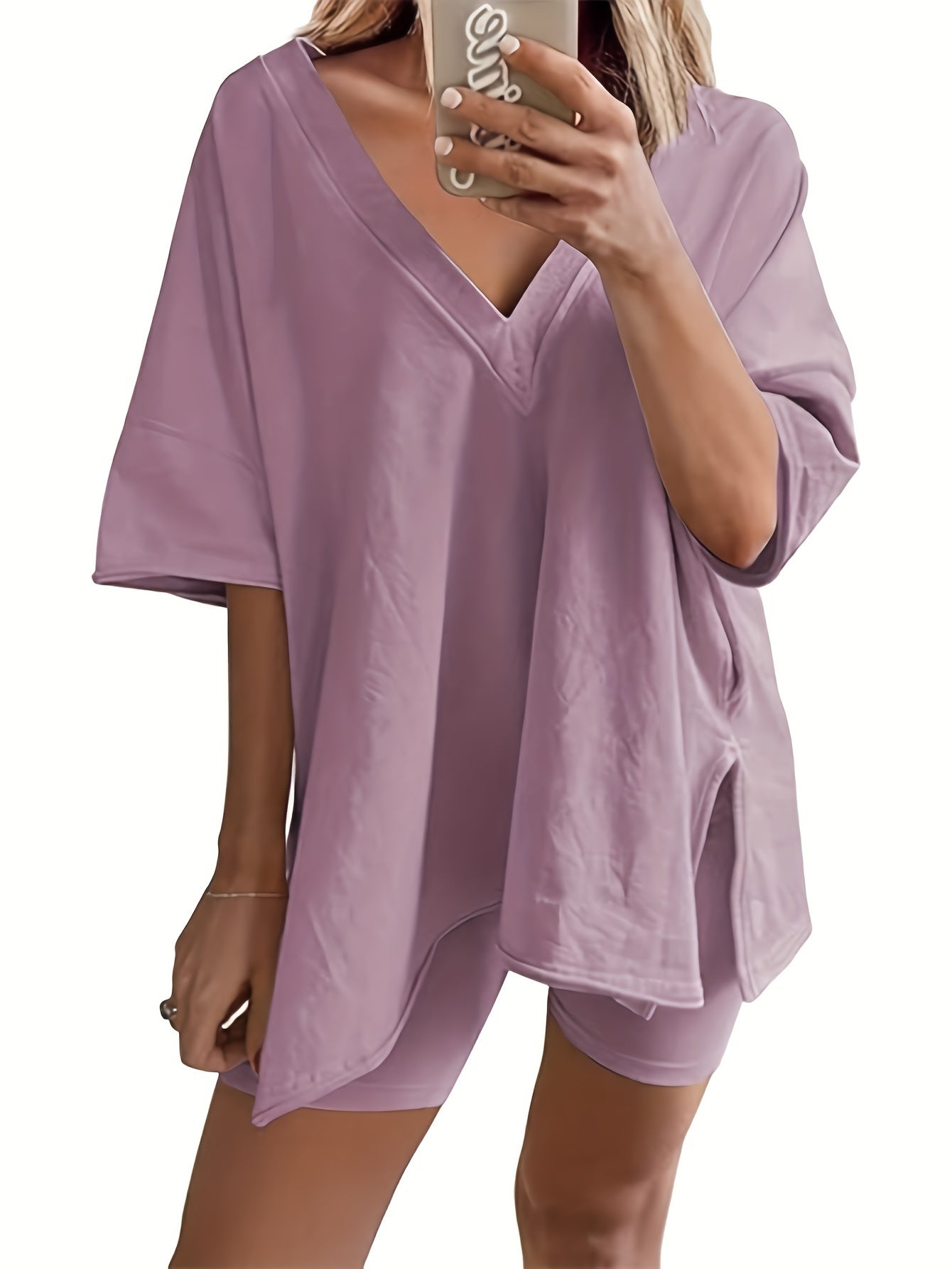 Women'S 2pcs Set Featuring Oversized Biker Shorts And a Reversible