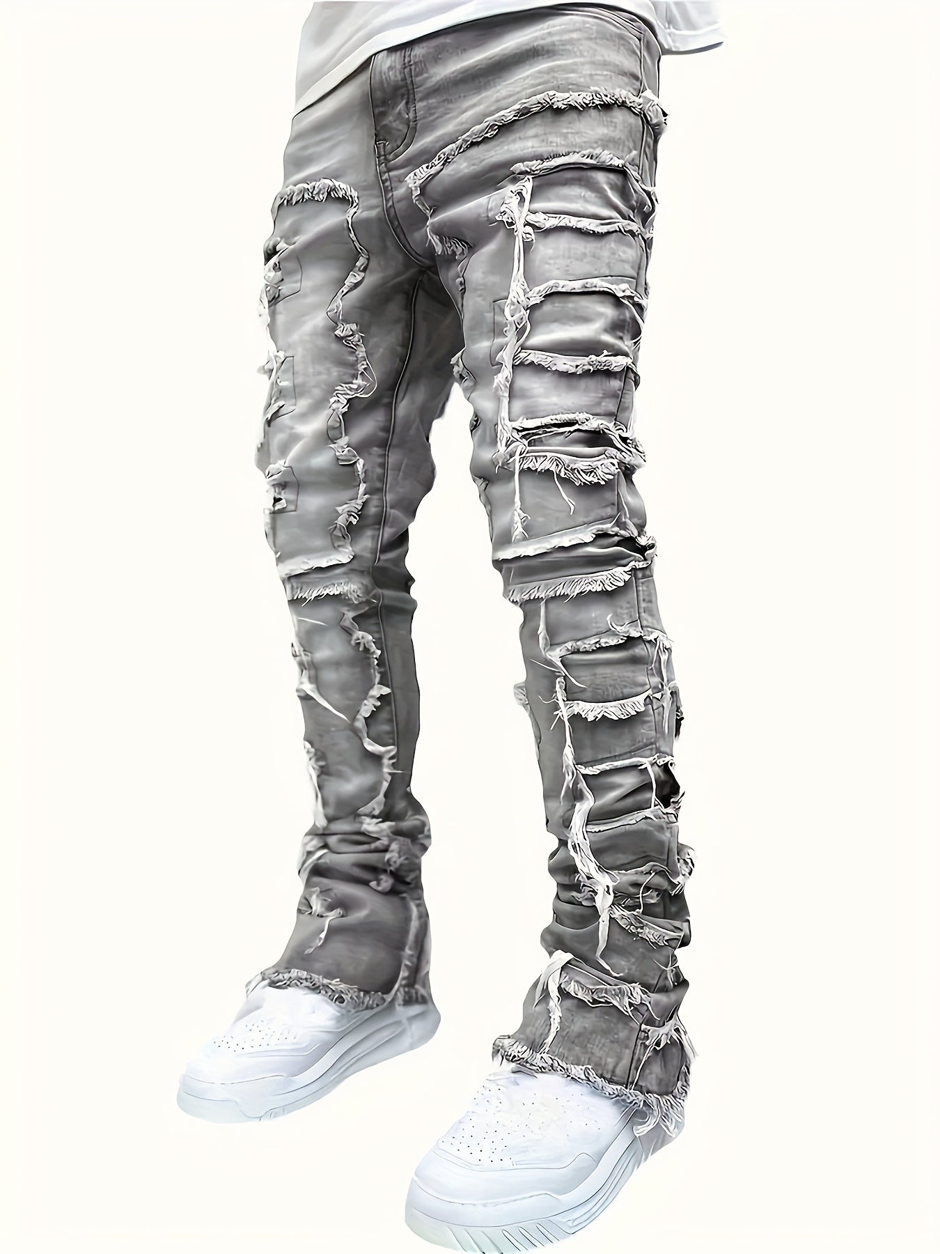 Men's Ripped Jeans Retro Street Style Spliced Slim Jeans Versatile Men Straight Denim Pants