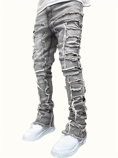 Men's Ripped Jeans Retro Street Style Spliced Slim Jeans Versatile Men Straight Denim Pants