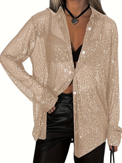 Ladies' Long-Sleeve Collared Shirt with Sequins, Featuring a Button- Open Front, Loose Fit Blouses, And Tops
