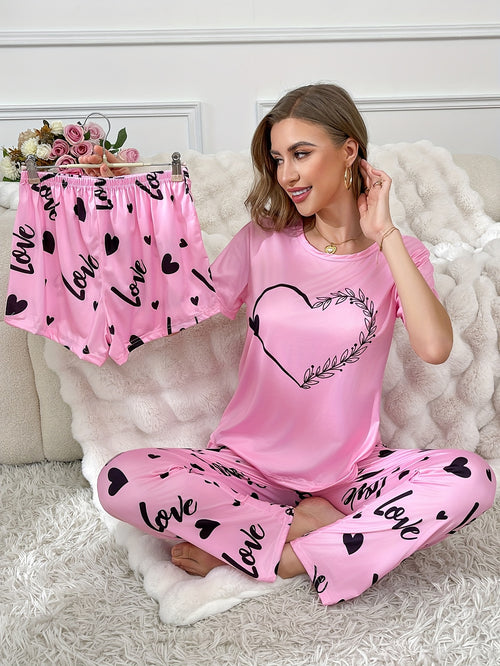 3pcs Pajama Set with Top + Shorts + Trousers, Round Neck And Hooded Print, Suitable for Wearing Outside