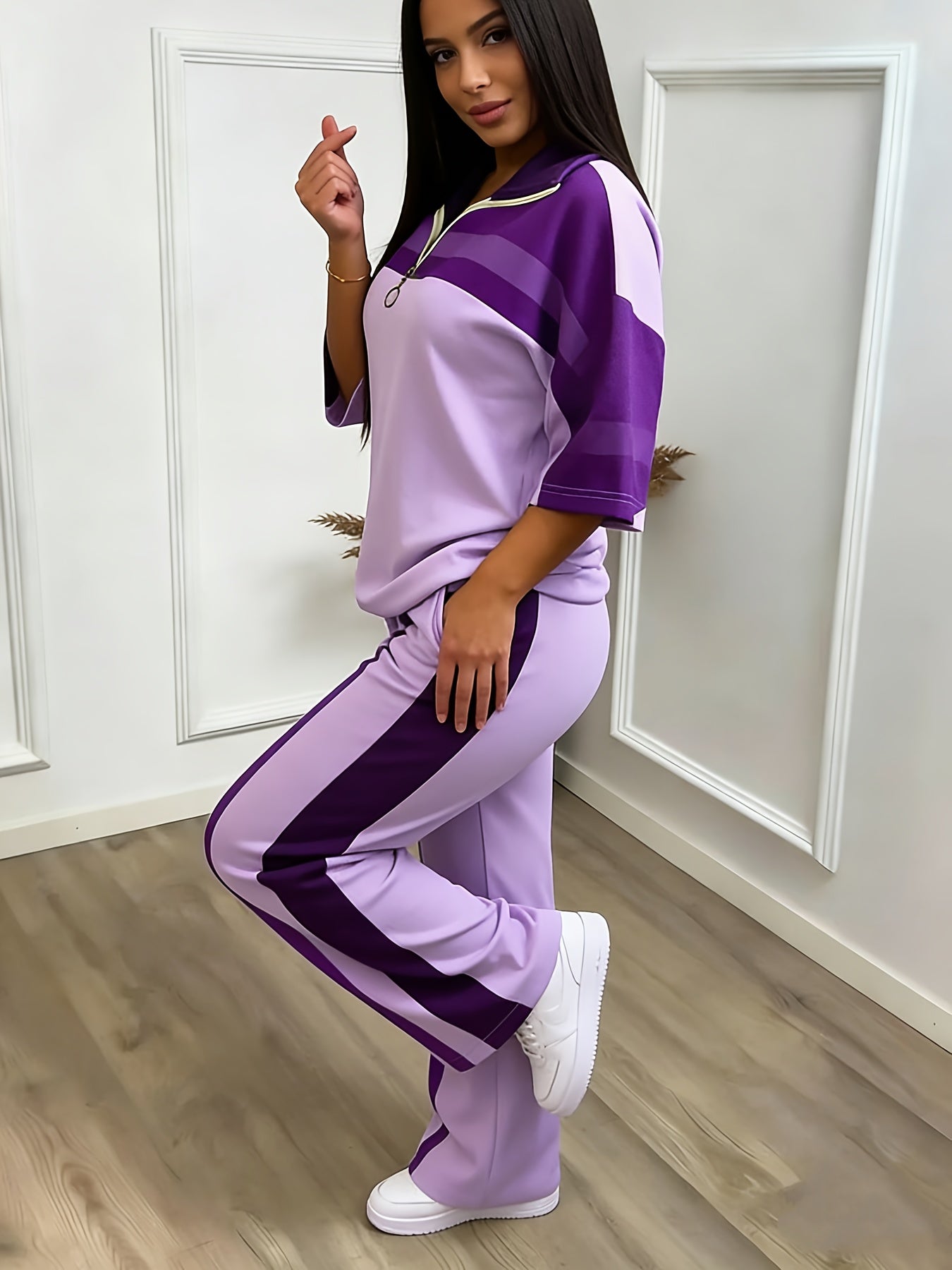 Women'S Casual Sporty Color-blocked Half-zip Stand-up Collar Mid-sleeve Sports Top + High-waisted Wide-leg Side Striped Sports Pants