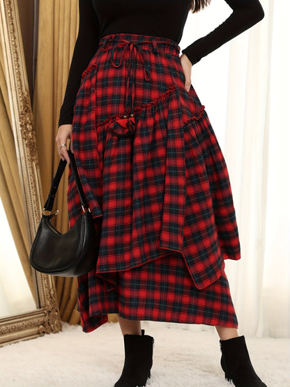 Victorian Gothic Handmade Fringe Plaid Skirt 2025 | Asymmetric Ruffle High-Waist Beach Skirt | Elastic Waist Multi-Layer Vacation Dress | Spring Summer Sweet Style Ladies Gift
