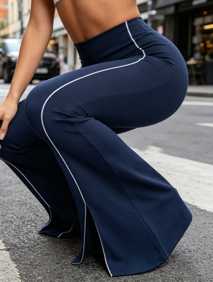 Women'S Stretchy Flared Pants, High Waist Tummy Control Split Hem Bell Bottom Leggings with Reflective Line, Casual Streetwear Trousers