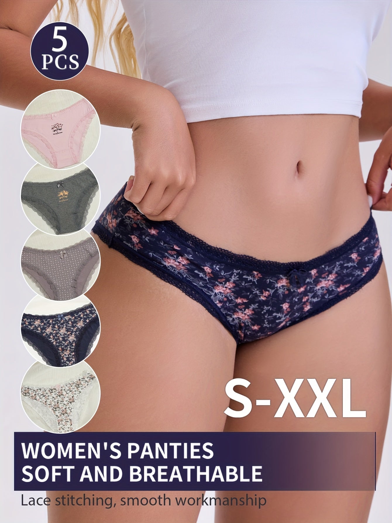 5pcs Women'S Underwear - Soft Breathable Low-Rise Briefs with Contrast Lace Trim, Seamless & Non- Restrictive Design, Light -Friendly Fabric for Everyday &, Comfortable & Stylish Lingerie, Underwear For Women, Underwear For Women High Quality