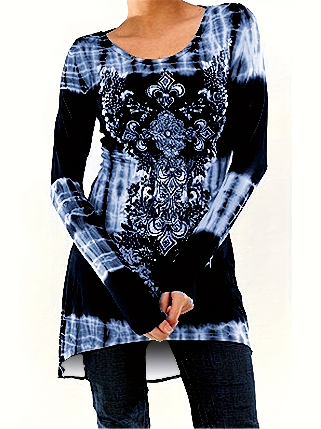 Plus Size, Plus Size Boho Top, Women's Plus Tie Dye Arabesque Print Long Sleeve Round Neck Slight Stretch Tunic Top