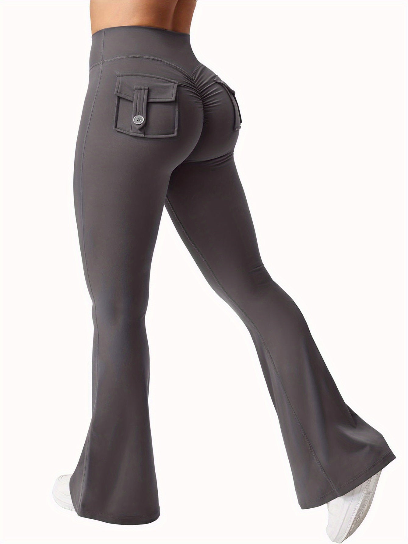 FOEIERAA 1pc Fashion Workwear Style Flare Pants, Women's Casual Flare Pants, High-Waist Pocket Joggers, Workwear Style Peach Butt Yoga Pants, Quick-Dry Tummy Control Butt Lifting Sexy Long Pants, Flare Leggings
